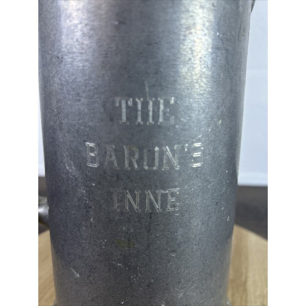 VTG Pewter Beer Pitcher 12” Engraved, The Baron’s INNE Hotel Collectible